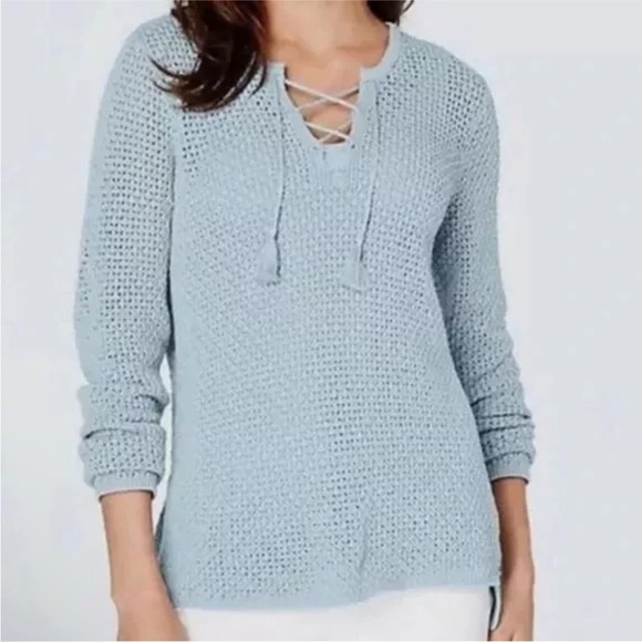 J. Jill Sweaters - NWT J. Jill Rain Blue Lace Up Front Crochet Open Weave Sweater Size S